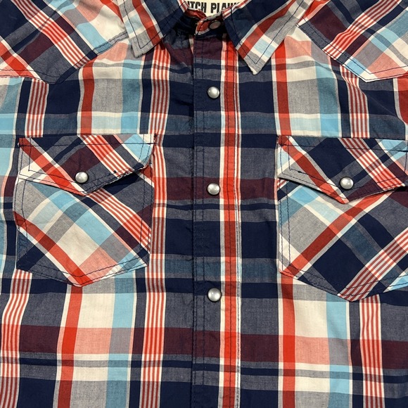 Ditch Plains Western Shirt Men's L Blue Plaid Pearl Snap Roll Tab Long Sleeve‎ - Picture 6 of 15
